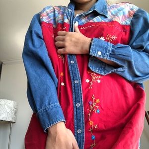Vintage Quilt Red Floral Denim Button Up